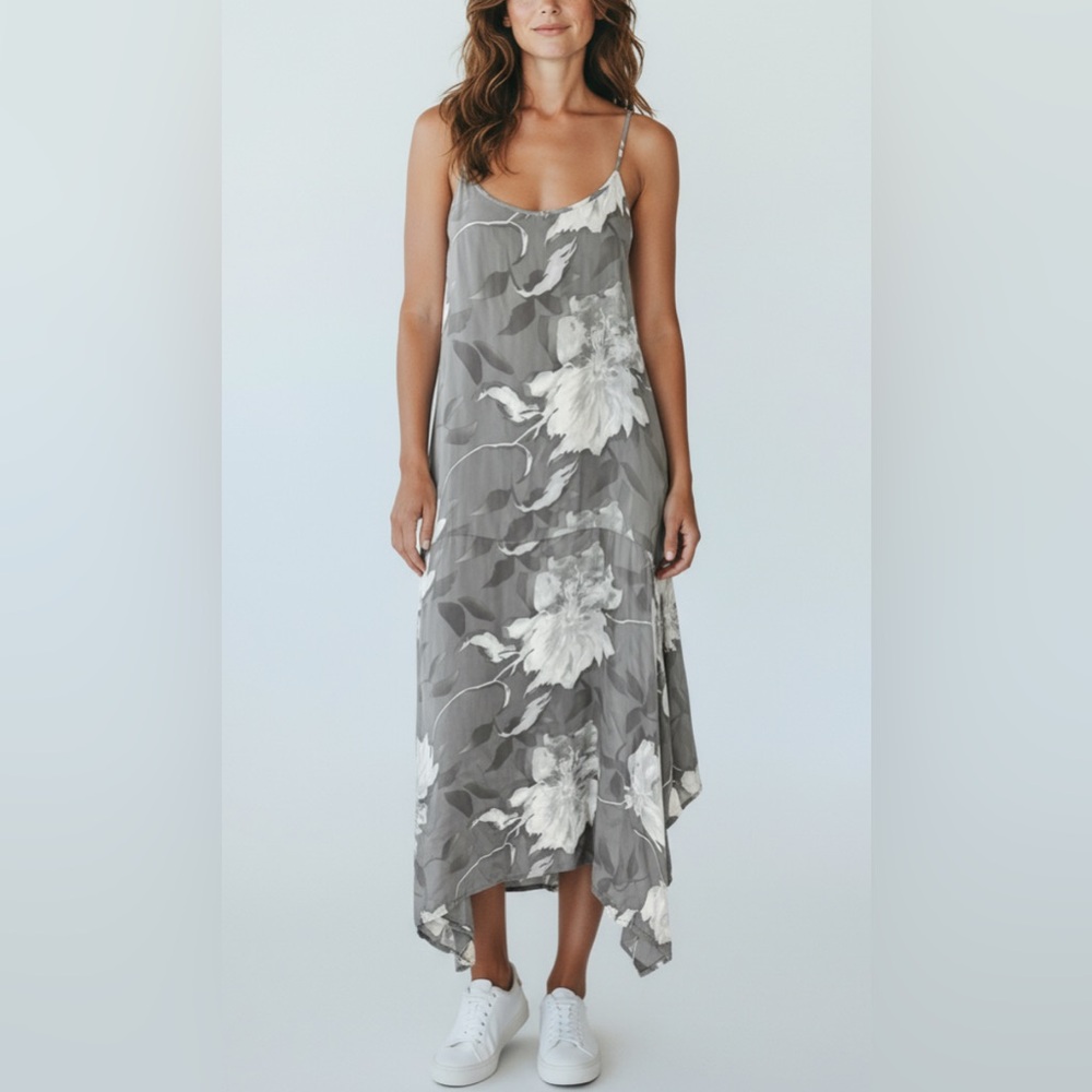 Krista Larson Floral Silk Flowy Dress Grey White RARE one of a kind dress